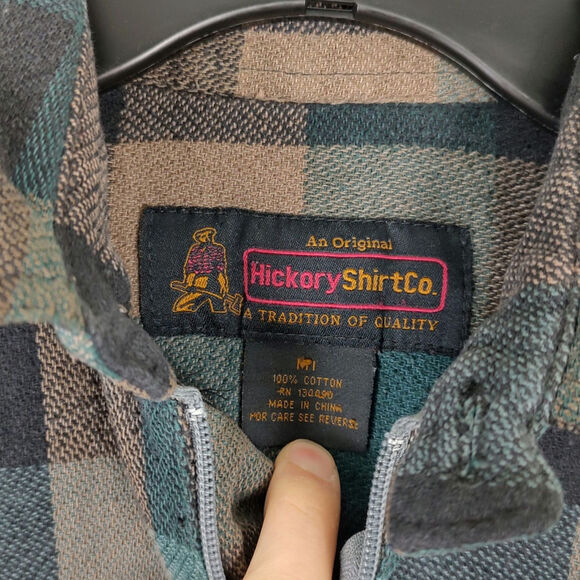 VTG Hickory Shirt Co green/tan plaid 1/4 zip distressed flannel mens M-Tall - Picture 6 of 9